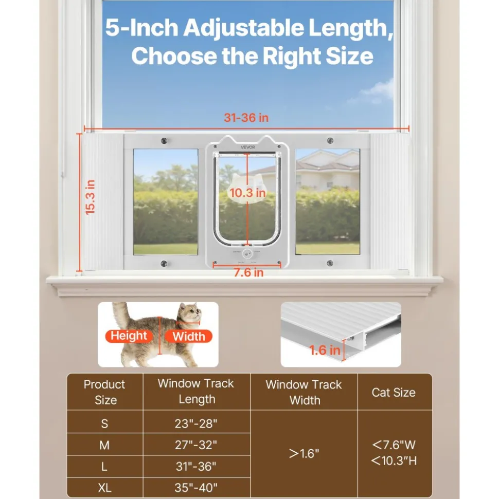 VEVOR Cat Door for Window, Adjustable to Fit Window Width 31"-36", 4 Secure Lock Modes, Aluminum Frame and High-Transparency Glass, Magnetic Closure, Weatherproof Quick-Fit Pet Door for Cats, White