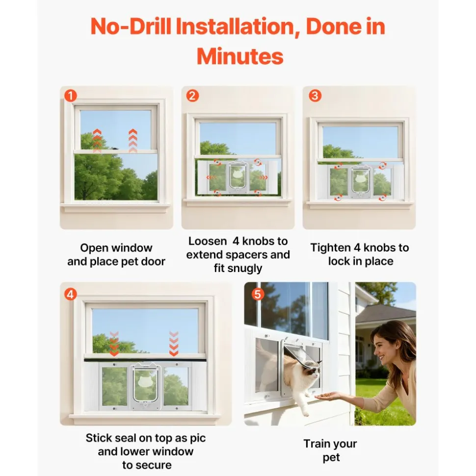 VEVOR Cat Door for Window, Adjustable to Fit Window Width 31"-36", 4 Secure Lock Modes, Aluminum Frame and High-Transparency Glass, Magnetic Closure, Weatherproof Quick-Fit Pet Door for Cats, White