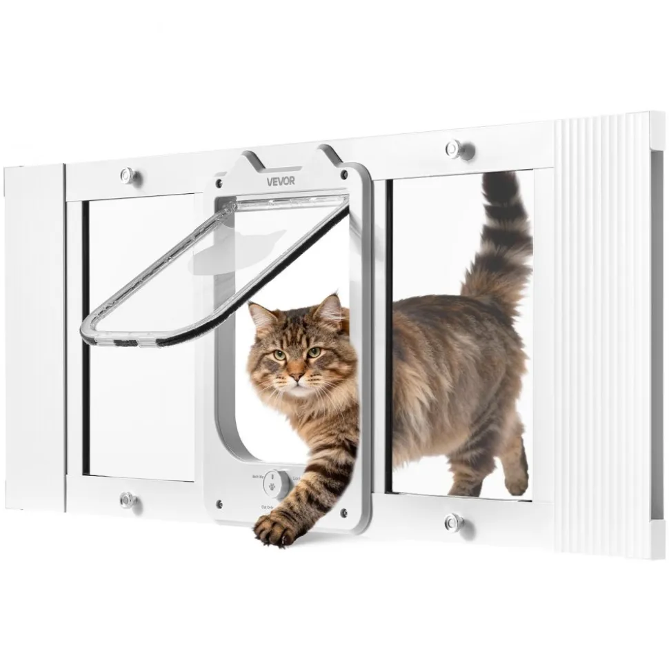 VEVOR Cat Door for Window, Adjustable to Fit Window Width 31"-36", 4 Secure Lock Modes, Aluminum Frame and High-Transparency Glass, Magnetic Closure, Weatherproof Quick-Fit Pet Door for Cats, White