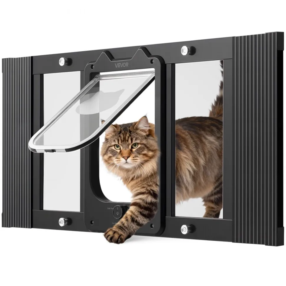 VEVOR Cat Door for Window, Adjustable to Fit Window Width 27"-32", 4 Secure Lock Modes, Aluminum Frame and High-Transparency Glass, Magnetic Closure, Weatherproof Quick-Fit Pet Door for Cats, Black
