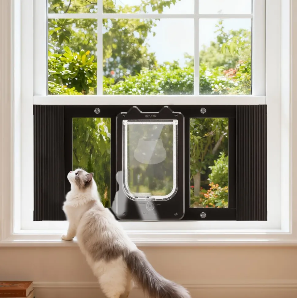 VEVOR Cat Door for Window, Adjustable to Fit Window Width 27"-32", 4 Secure Lock Modes, Aluminum Frame and High-Transparency Glass, Magnetic Closure, Weatherproof Quick-Fit Pet Door for Cats, Black