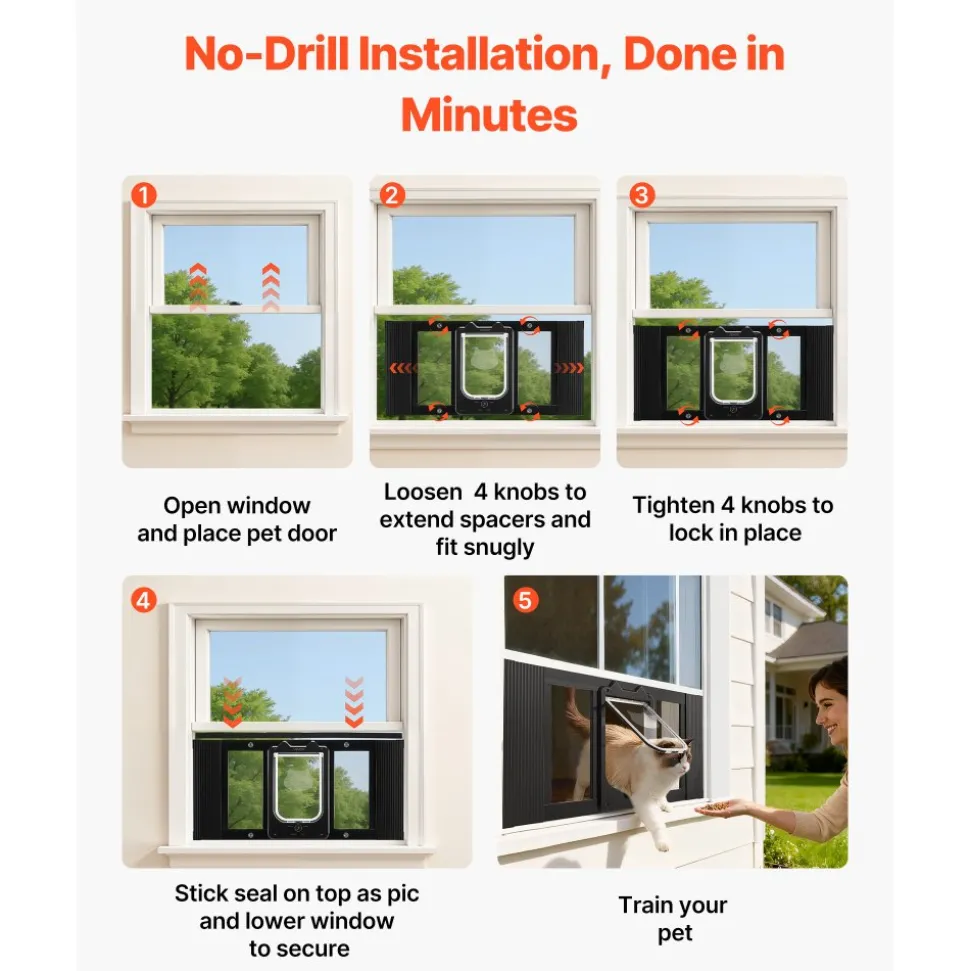 VEVOR Cat Door for Window, Adjustable to Fit Window Width 27"-32", 4 Secure Lock Modes, Aluminum Frame and High-Transparency Glass, Magnetic Closure, Weatherproof Quick-Fit Pet Door for Cats, Black