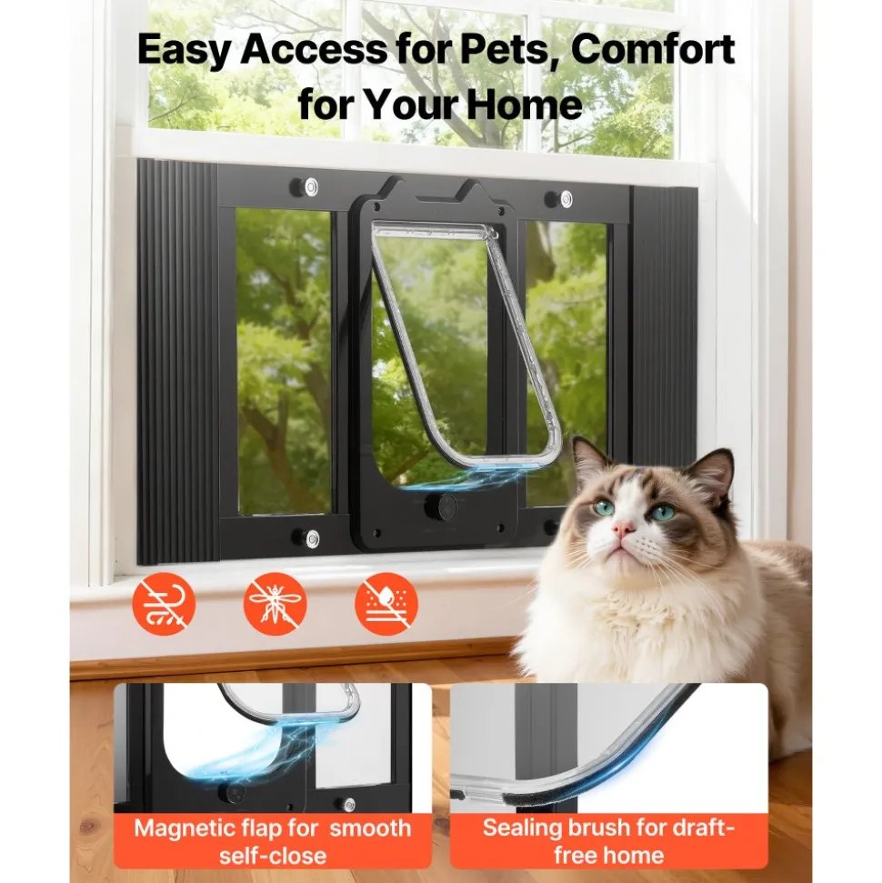 VEVOR Cat Door for Window, Adjustable to Fit Window Width 27"-32", 4 Secure Lock Modes, Aluminum Frame and High-Transparency Glass, Magnetic Closure, Weatherproof Quick-Fit Pet Door for Cats, Black