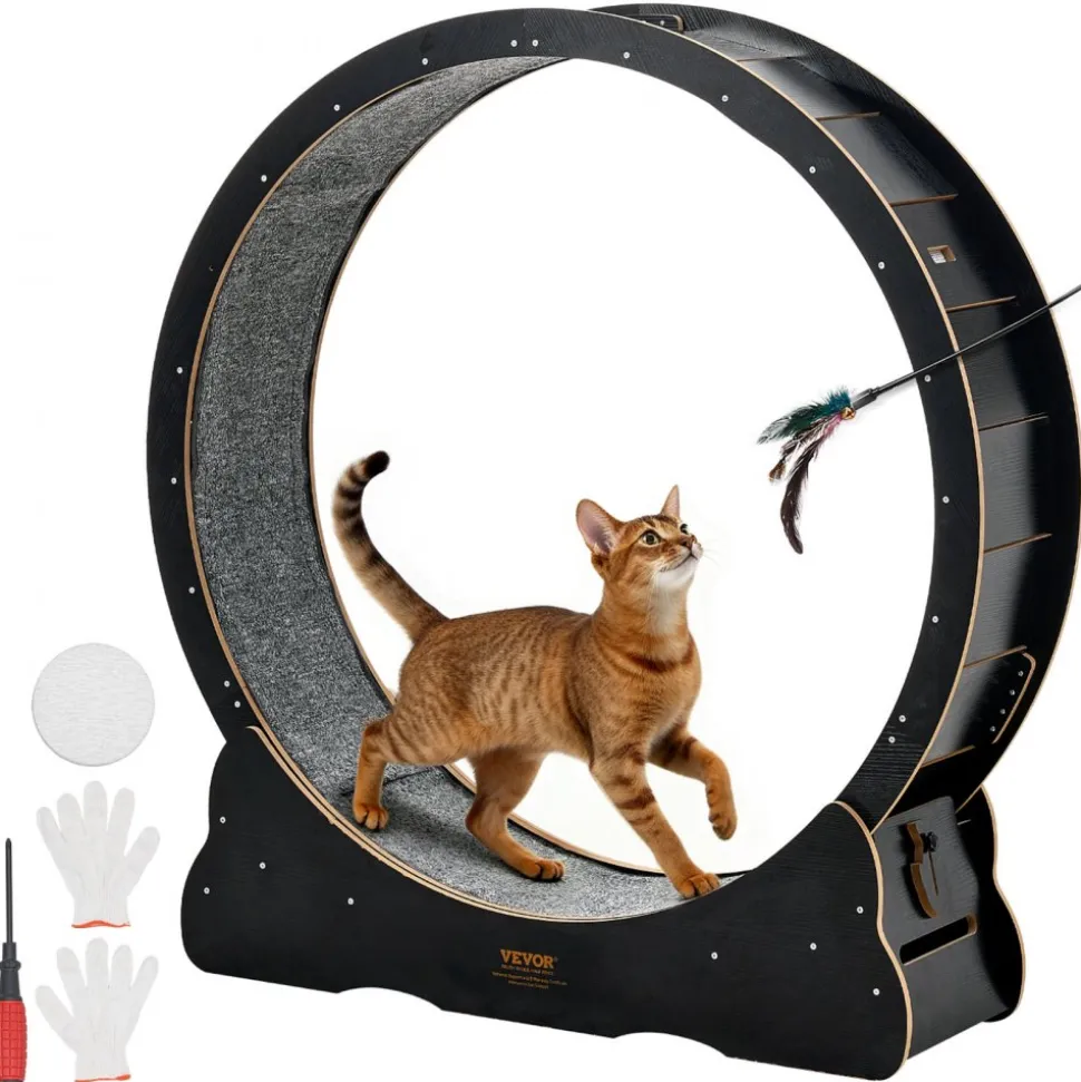VEVOR Cat Exercise Wheel, 48 in Wooden Cat Running Wheel for Indoor Cats up to 28 lbs, Cats Treadmill with Carpeted Runway & Locking Mechanism, Quiet Kitten Sport Toys for Pets Fitness & Health, Black