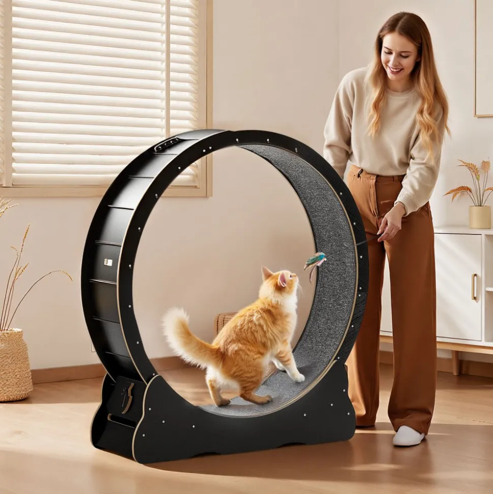 VEVOR Cat Exercise Wheel, 48 in Wooden Cat Running Wheel for Indoor Cats up to 28 lbs, Cats Treadmill with Carpeted Runway & Locking Mechanism, Quiet Kitten Sport Toys for Pets Fitness & Health, Black