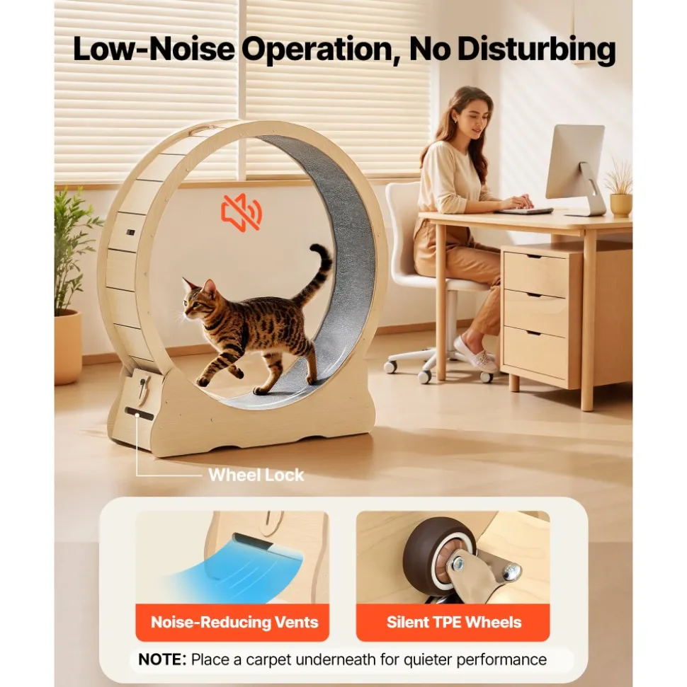 VEVOR Cat Exercise Wheel, 48 in Wooden Cat Running Wheel for Indoor Cats up to 28 lbs, Cats Treadmill with Carpeted Runway & Locking Mechanism, Quiet Roller Kitten Sport Toys for Pets Fitness & Health