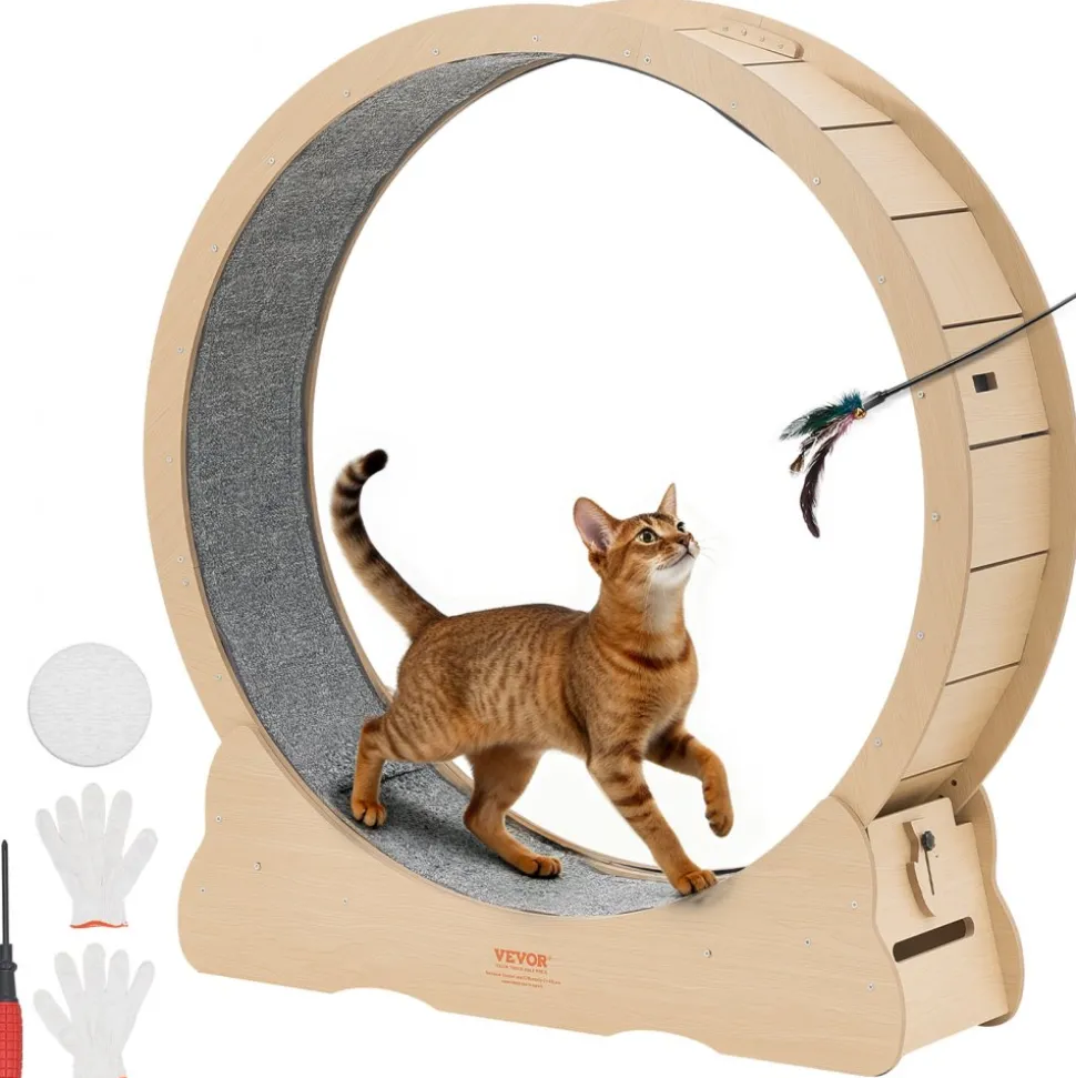 VEVOR Cat Exercise Wheel, 48 in Wooden Cat Running Wheel for Indoor Cats up to 28 lbs, Cats Treadmill with Carpeted Runway & Locking Mechanism, Quiet Roller Kitten Sport Toys for Pets Fitness & Health