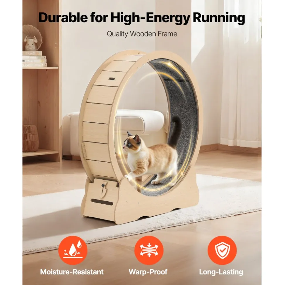 VEVOR Cat Exercise Wheel, 48 in Wooden Cat Running Wheel for Indoor Cats up to 28 lbs, Cats Treadmill with Carpeted Runway & Locking Mechanism, Quiet Roller Kitten Sport Toys for Pets Fitness & Health