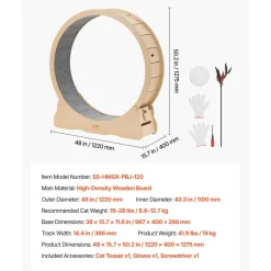 VEVOR Cat Exercise Wheel, 48 in Wooden Cat Running Wheel for Indoor Cats up to 28 lbs, Cats Treadmill with Carpeted Runway & Locking Mechanism, Quiet Roller Kitten Sport Toys for Pets Fitness & Health