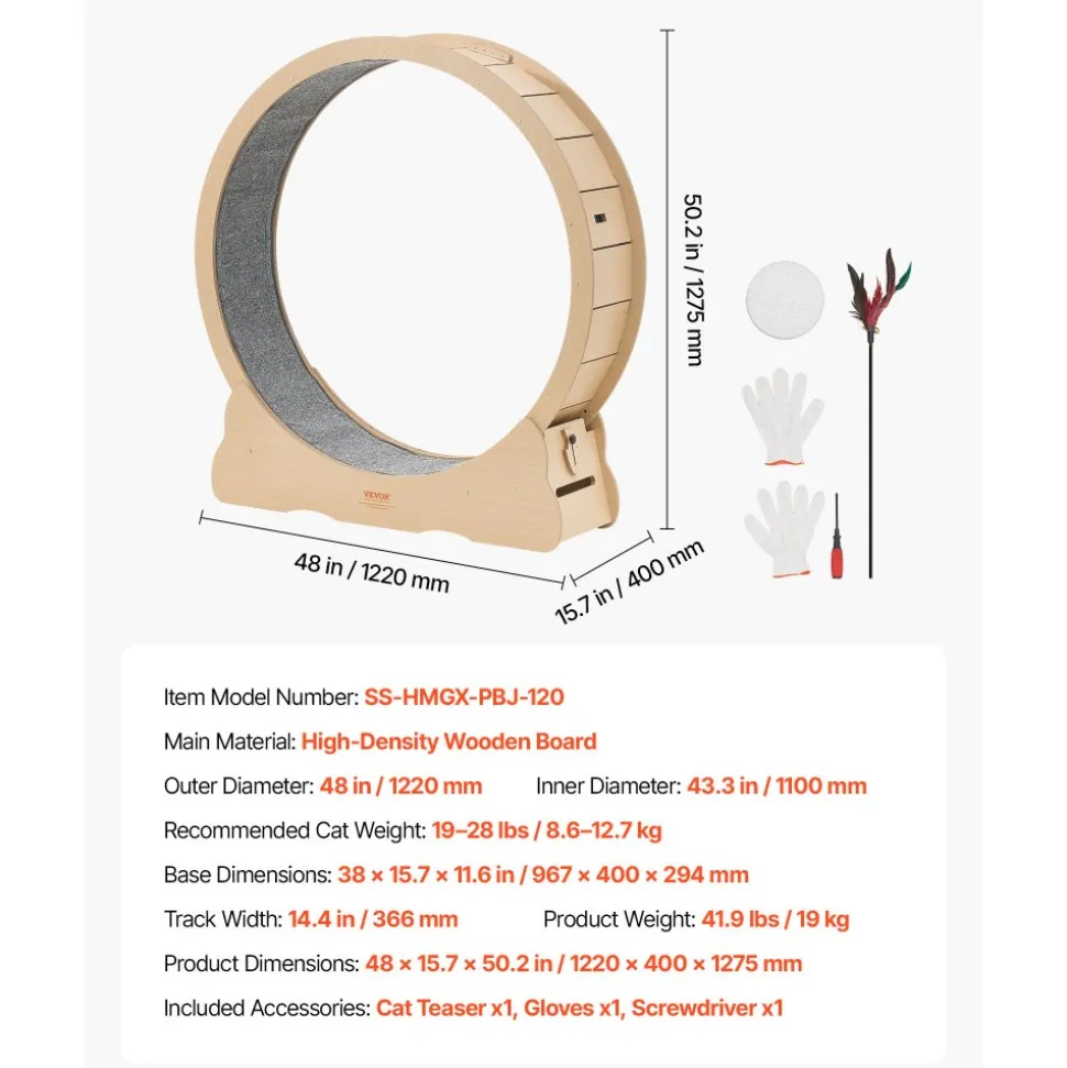 VEVOR Cat Exercise Wheel, 48 in Wooden Cat Running Wheel for Indoor Cats up to 28 lbs, Cats Treadmill with Carpeted Runway & Locking Mechanism, Quiet Roller Kitten Sport Toys for Pets Fitness & Health