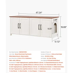 VEVOR Cat Litter Box Enclosure for Multi Cats, 47.2 in Hidden Litter Box Cabinet with 4 Doors & 2 Entries, Indoor Cat Washroom, Wooden Kitty House Furniture, Fit Most Litterboxes, Brown & White