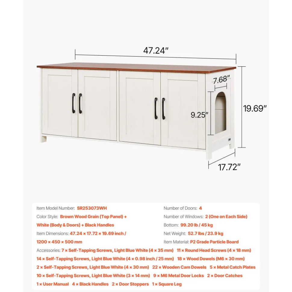 VEVOR Cat Litter Box Enclosure for Multi Cats, 47.2 in Hidden Litter Box Cabinet with 4 Doors & 2 Entries, Indoor Cat Washroom, Wooden Kitty House Furniture, Fit Most Litterboxes, Brown & White