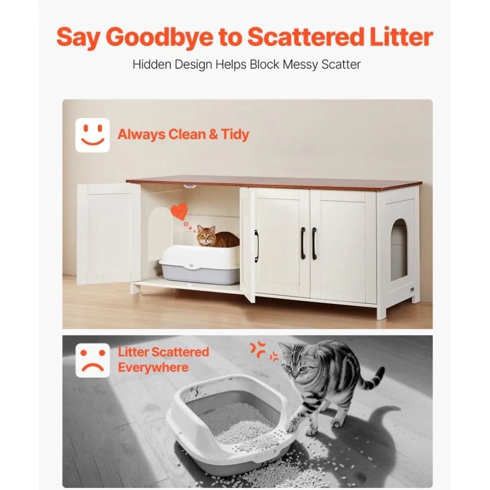 VEVOR Cat Litter Box Enclosure for Multi Cats, 47.2 in Hidden Litter Box Cabinet with 4 Doors & 2 Entries, Indoor Cat Washroom, Wooden Kitty House Furniture, Fit Most Litterboxes, Brown & White