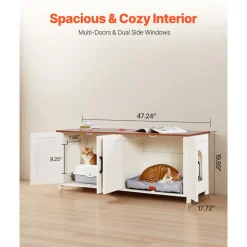 VEVOR Cat Litter Box Enclosure for Multi Cats, 47.2 in Hidden Litter Box Cabinet with 4 Doors & 2 Entries, Indoor Cat Washroom, Wooden Kitty House Furniture, Fit Most Litterboxes, Brown & White