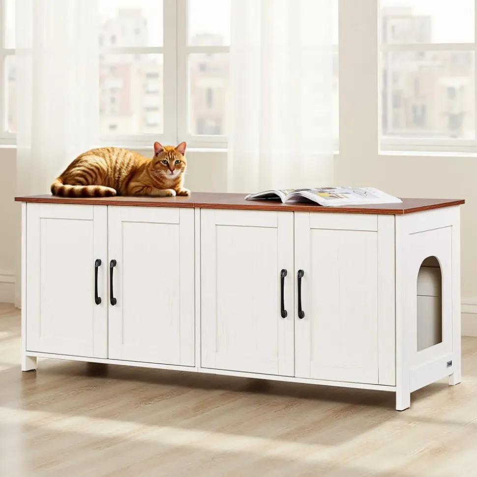 VEVOR Cat Litter Box Enclosure for Multi Cats, 47.2 in Hidden Litter Box Cabinet with 4 Doors & 2 Entries, Indoor Cat Washroom, Wooden Kitty House Furniture, Fit Most Litterboxes, Brown & White