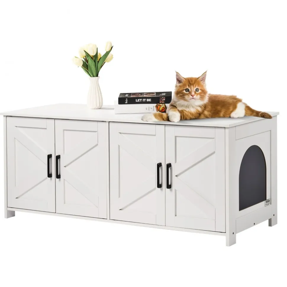 VEVOR Cat Litter Box Enclosure for 2 Cats, Litter Box Furniture Hidden with Double Rooms, Wooden Cat Box Cabinet Fit Most of Litter Box, 47.2"L x 18.5"W x 19.7"H, White