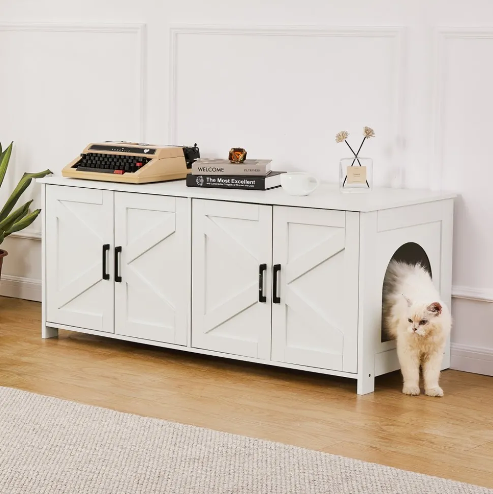 VEVOR Cat Litter Box Enclosure for 2 Cats, Litter Box Furniture Hidden with Double Rooms, Wooden Cat Box Cabinet Fit Most of Litter Box, 47.2"L x 18.5"W x 19.7"H, White
