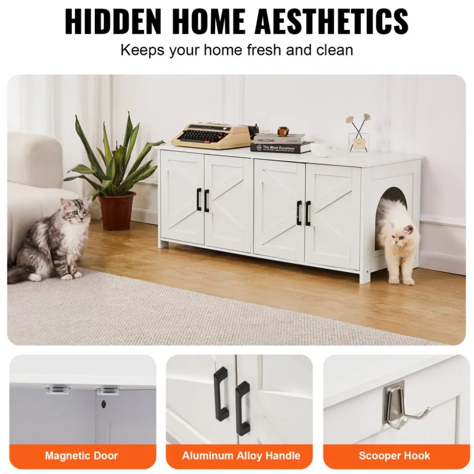 VEVOR Cat Litter Box Enclosure for 2 Cats, Litter Box Furniture Hidden with Double Rooms, Wooden Cat Box Cabinet Fit Most of Litter Box, 47.2"L x 18.5"W x 19.7"H, White