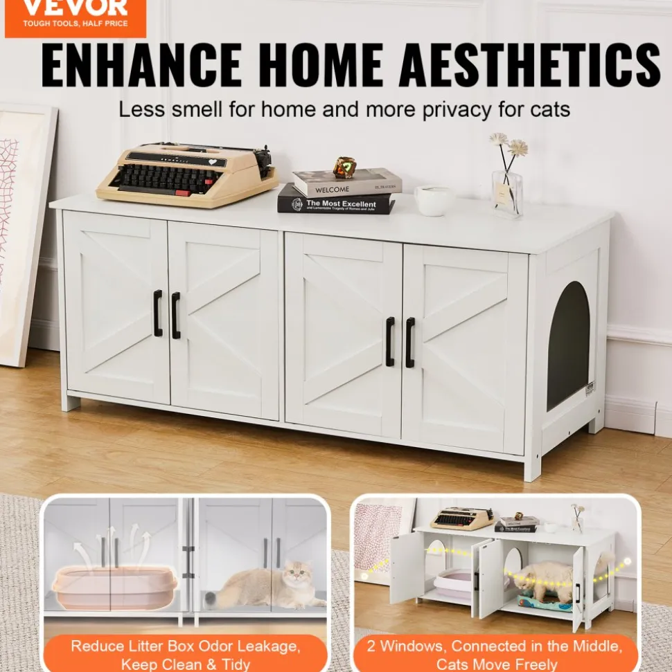 VEVOR Cat Litter Box Enclosure for 2 Cats, Litter Box Furniture Hidden with Double Rooms, Wooden Cat Box Cabinet Fit Most of Litter Box, 47.2"L x 18.5"W x 19.7"H, White