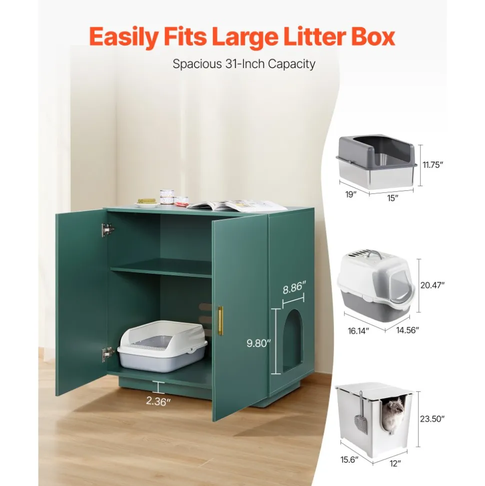VEVOR Cat Litter Box Enclosure for Multi Cats, 47.2 in Hidden Litter Box Cabinet with 4 Doors & 2 Entries, Indoor Cat Washroom, Wooden Kitty House Furniture Side Table, Fit Most Litterboxes, Green