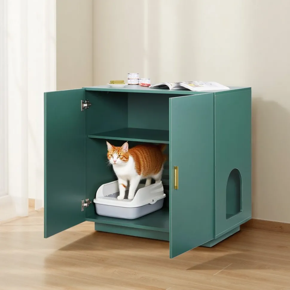 VEVOR Cat Litter Box Enclosure for Multi Cats, 47.2 in Hidden Litter Box Cabinet with 4 Doors & 2 Entries, Indoor Cat Washroom, Wooden Kitty House Furniture Side Table, Fit Most Litterboxes, Green