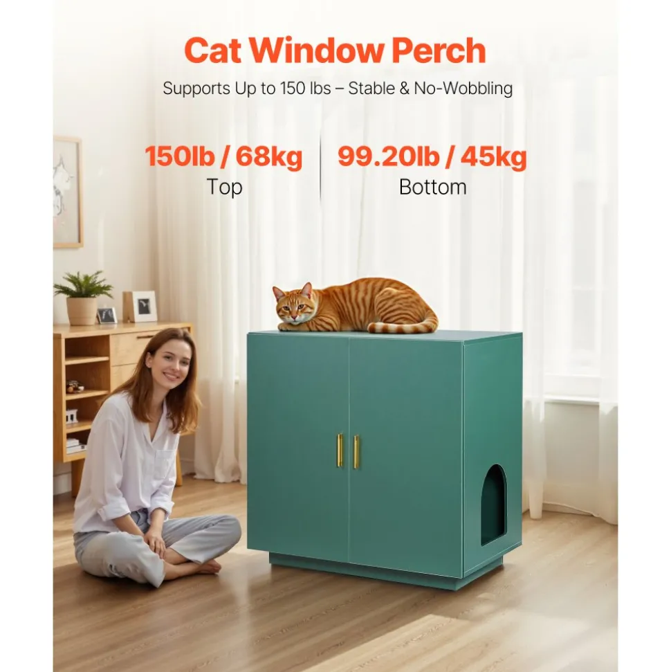 VEVOR Cat Litter Box Enclosure for Multi Cats, 47.2 in Hidden Litter Box Cabinet with 4 Doors & 2 Entries, Indoor Cat Washroom, Wooden Kitty House Furniture Side Table, Fit Most Litterboxes, Green