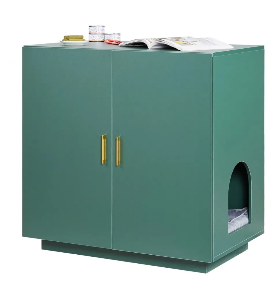 VEVOR Cat Litter Box Enclosure for Multi Cats, 47.2 in Hidden Litter Box Cabinet with 4 Doors & 2 Entries, Indoor Cat Washroom, Wooden Kitty House Furniture Side Table, Fit Most Litterboxes, Green