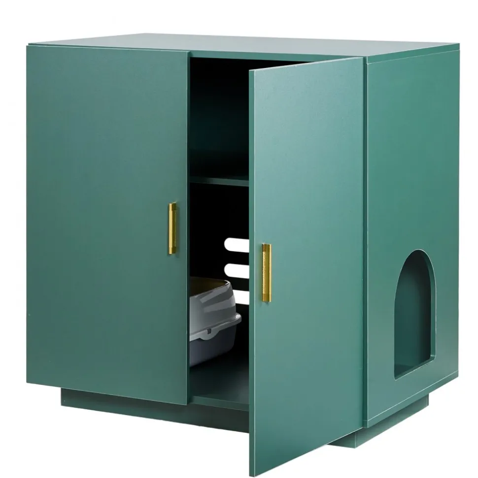VEVOR Cat Litter Box Enclosure for Multi Cats, 47.2 in Hidden Litter Box Cabinet with 4 Doors & 2 Entries, Indoor Cat Washroom, Wooden Kitty House Furniture Side Table, Fit Most Litterboxes, Green