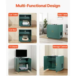 VEVOR Cat Litter Box Enclosure for Multi Cats, 47.2 in Hidden Litter Box Cabinet with 4 Doors & 2 Entries, Indoor Cat Washroom, Wooden Kitty House Furniture Side Table, Fit Most Litterboxes, Green