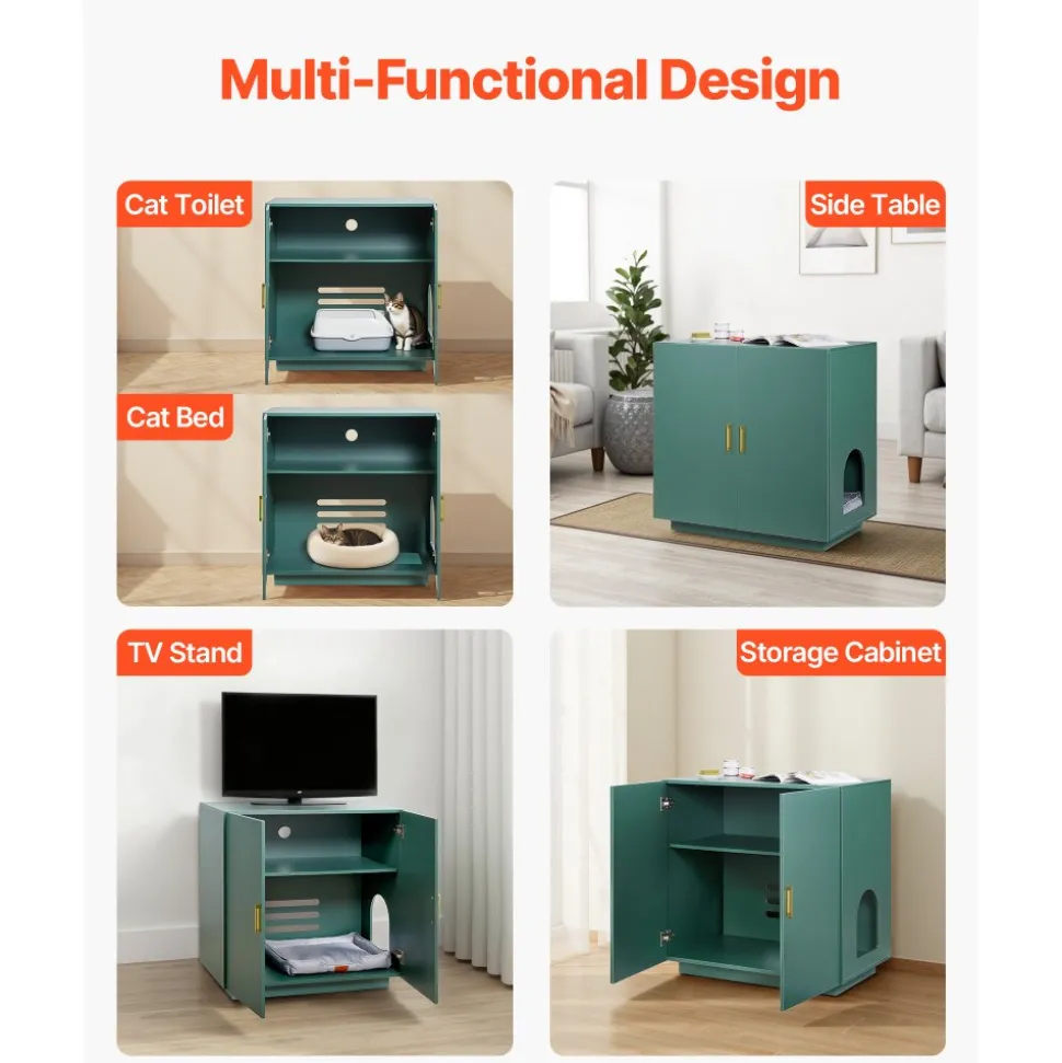 VEVOR Cat Litter Box Enclosure for Multi Cats, 47.2 in Hidden Litter Box Cabinet with 4 Doors & 2 Entries, Indoor Cat Washroom, Wooden Kitty House Furniture Side Table, Fit Most Litterboxes, Green