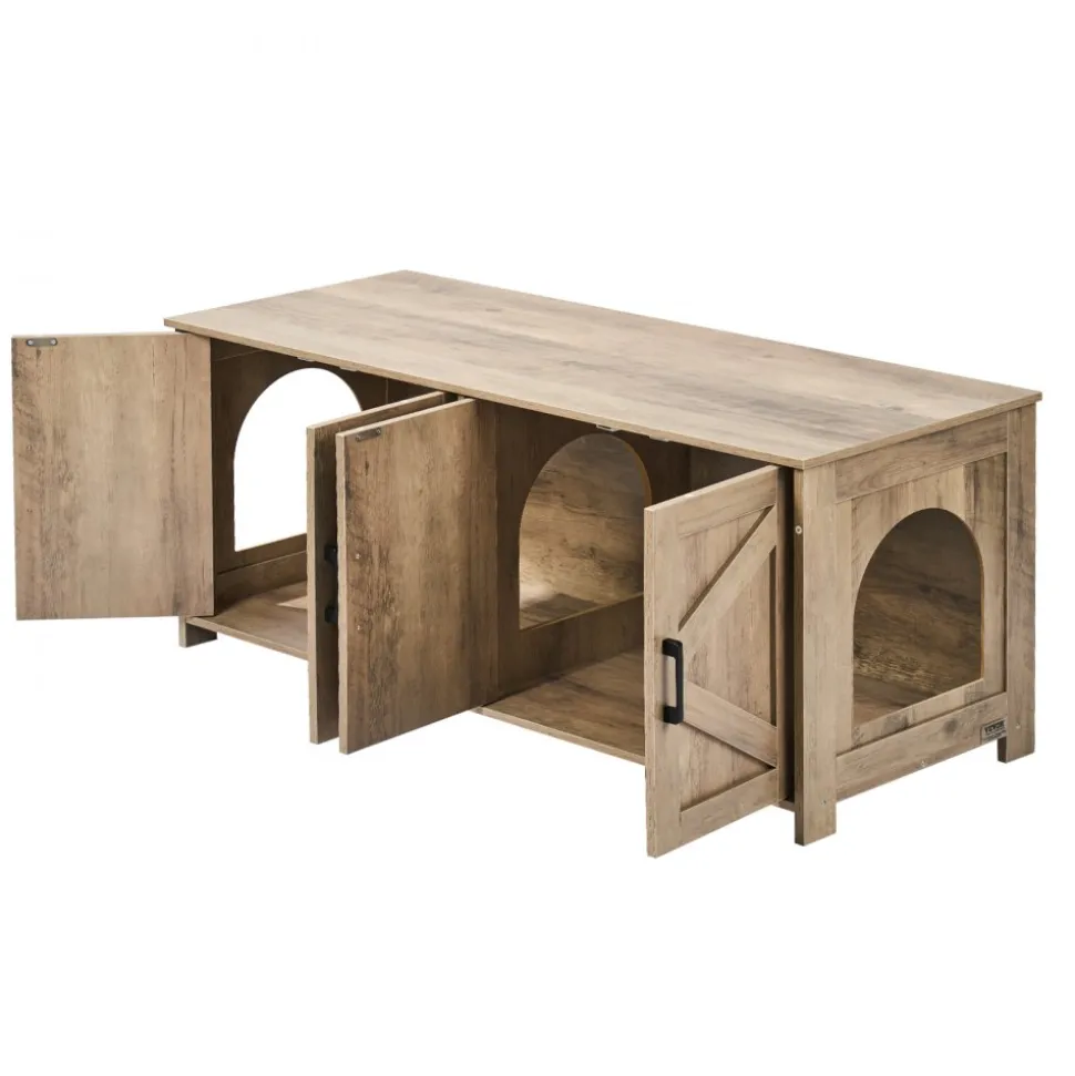 VEVOR Cat Litter Box Enclosure for 2 Cats, Litter Box Furniture Hidden with Double Rooms, Wooden Cat Box Cabinet Fit Most of Litter Box, 47.2"L x 18.5"W x 19.7"H, Greige