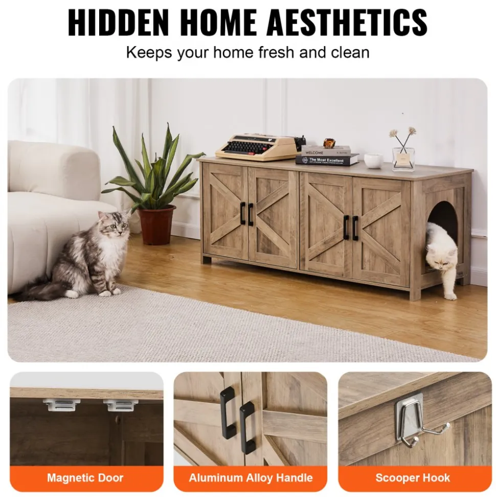 VEVOR Cat Litter Box Enclosure for 2 Cats, Litter Box Furniture Hidden with Double Rooms, Wooden Cat Box Cabinet Fit Most of Litter Box, 47.2"L x 18.5"W x 19.7"H, Greige