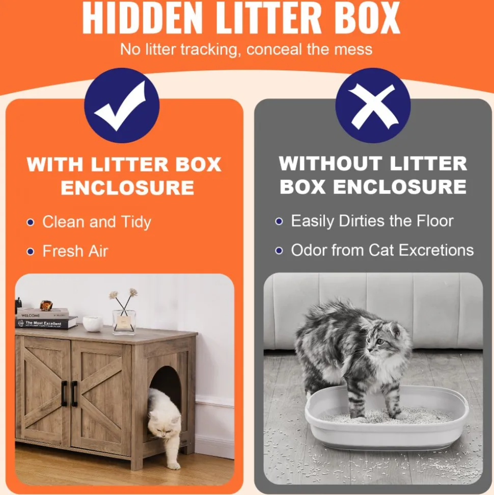 VEVOR Cat Litter Box Enclosure for 2 Cats, Litter Box Furniture Hidden with Double Rooms, Wooden Cat Box Cabinet Fit Most of Litter Box, 47.2"L x 18.5"W x 19.7"H, Greige