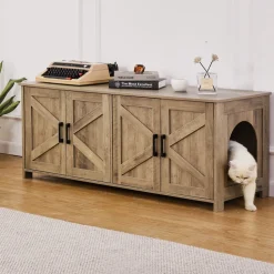 VEVOR Cat Litter Box Enclosure for 2 Cats, Litter Box Furniture Hidden with Double Rooms, Wooden Cat Box Cabinet Fit Most of Litter Box, 47.2