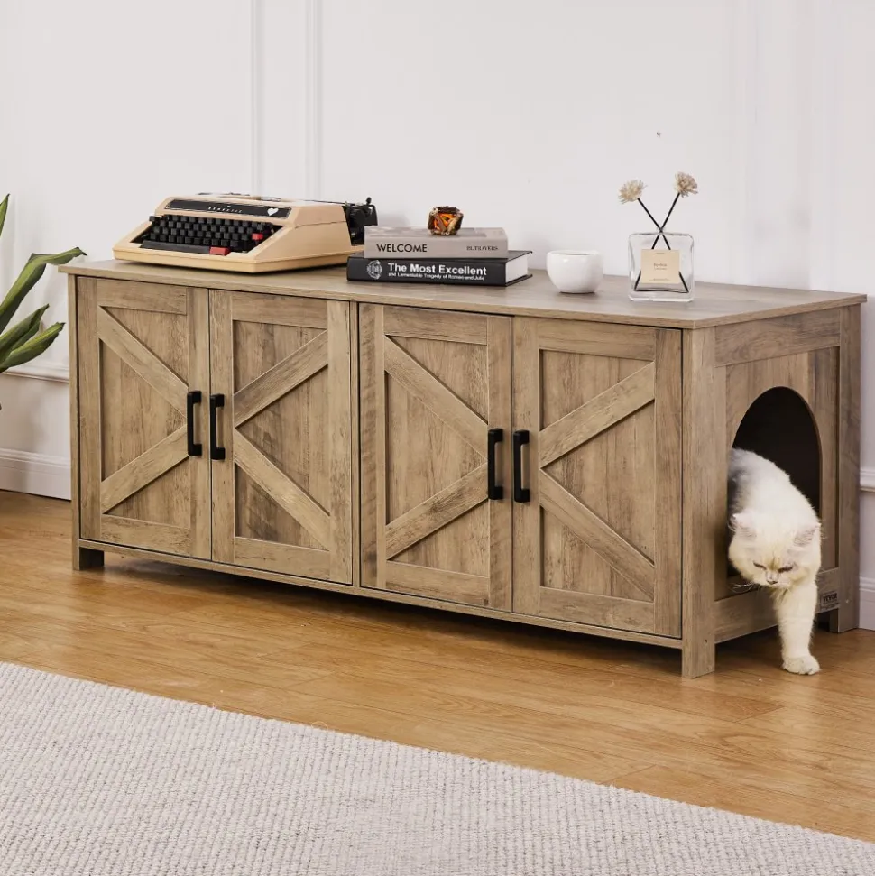 VEVOR Cat Litter Box Enclosure for 2 Cats, Litter Box Furniture Hidden with Double Rooms, Wooden Cat Box Cabinet Fit Most of Litter Box, 47.2"L x 18.5"W x 19.7"H, Greige