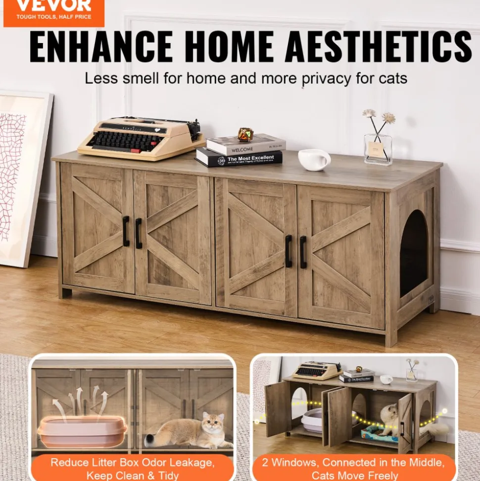 VEVOR Cat Litter Box Enclosure for 2 Cats, Litter Box Furniture Hidden with Double Rooms, Wooden Cat Box Cabinet Fit Most of Litter Box, 47.2"L x 18.5"W x 19.7"H, Greige