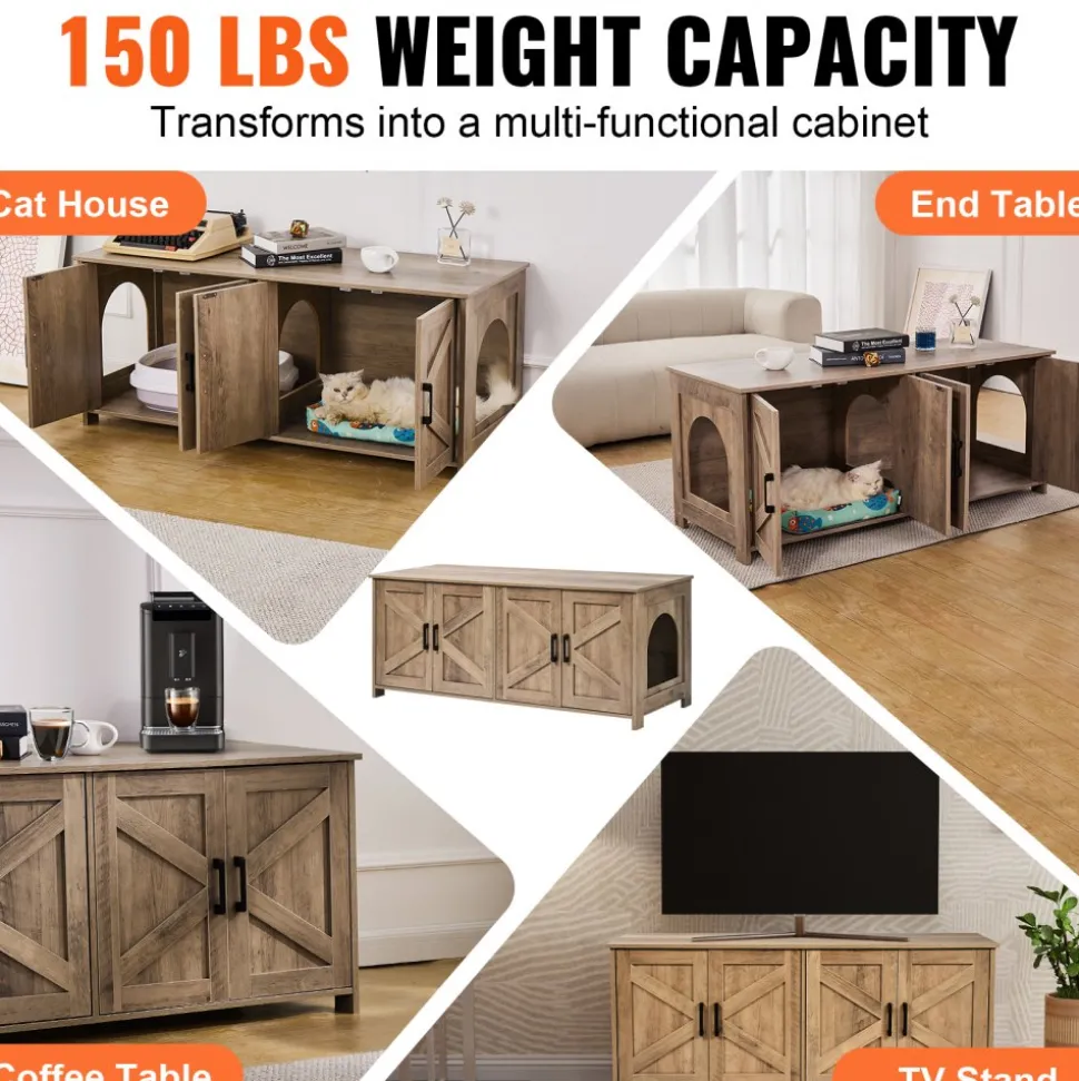 VEVOR Cat Litter Box Enclosure for 2 Cats, Litter Box Furniture Hidden with Double Rooms, Wooden Cat Box Cabinet Fit Most of Litter Box, 47.2"L x 18.5"W x 19.7"H, Greige