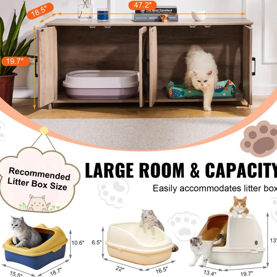 VEVOR Cat Litter Box Enclosure for 2 Cats, Litter Box Furniture Hidden with Double Rooms, Wooden Cat Box Cabinet Fit Most of Litter Box, 47.2"L x 18.5"W x 19.7"H, Greige