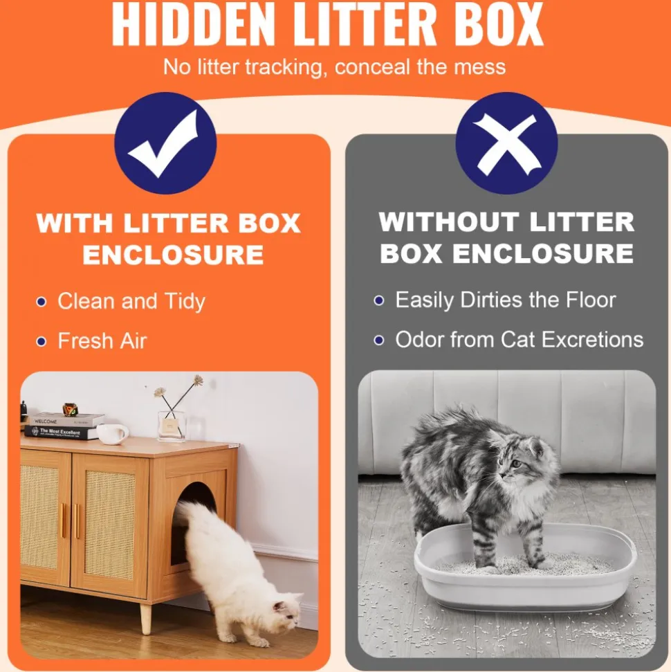 VEVOR Cat Litter Box Enclosure for 2 Cats, Litter Box Furniture Hidden with Rattan Decorated Doors, Wooden Cat Box Cabinet Fit Most of Litter Box, 47.2"L x 19.7"W x 21.7"H, Natural