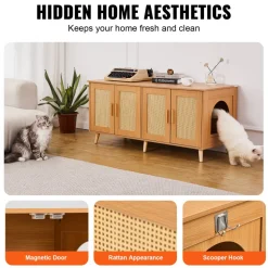VEVOR Cat Litter Box Enclosure for 2 Cats, Litter Box Furniture Hidden with Rattan Decorated Doors, Wooden Cat Box Cabinet Fit Most of Litter Box, 47.2"L x 19.7"W x 21.7"H, Natural
