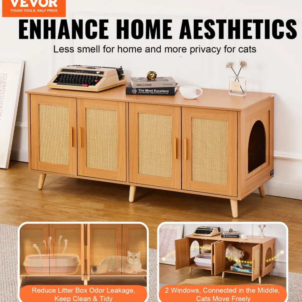 VEVOR Cat Litter Box Enclosure for 2 Cats, Litter Box Furniture Hidden with Rattan Decorated Doors, Wooden Cat Box Cabinet Fit Most of Litter Box, 47.2"L x 19.7"W x 21.7"H, Natural
