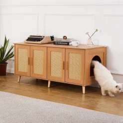 VEVOR Cat Litter Box Enclosure for 2 Cats, Litter Box Furniture Hidden with Rattan Decorated Doors, Wooden Cat Box Cabinet Fit Most of Litter Box, 47.2