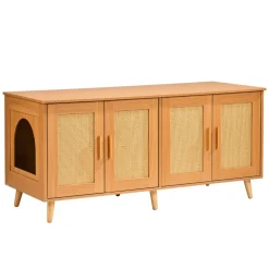 VEVOR Cat Litter Box Enclosure for 2 Cats, Litter Box Furniture Hidden with Rattan Decorated Doors, Wooden Cat Box Cabinet Fit Most of Litter Box, 47.2