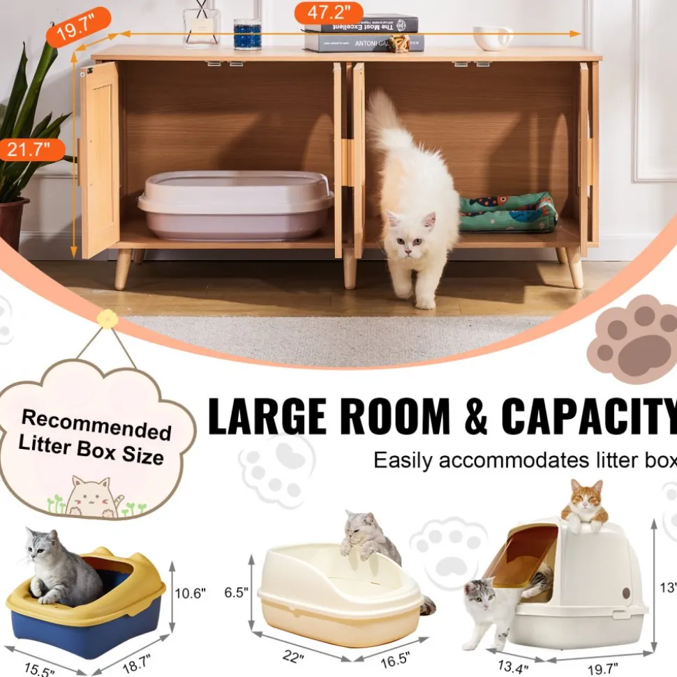 VEVOR Cat Litter Box Enclosure for 2 Cats, Litter Box Furniture Hidden with Rattan Decorated Doors, Wooden Cat Box Cabinet Fit Most of Litter Box, 47.2"L x 19.7"W x 21.7"H, Natural