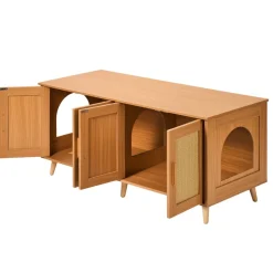 VEVOR Cat Litter Box Enclosure for 2 Cats, Litter Box Furniture Hidden with Rattan Decorated Doors, Wooden Cat Box Cabinet Fit Most of Litter Box, 47.2