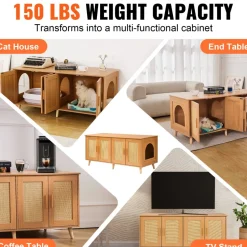 VEVOR Cat Litter Box Enclosure for 2 Cats, Litter Box Furniture Hidden with Rattan Decorated Doors, Wooden Cat Box Cabinet Fit Most of Litter Box, 47.2