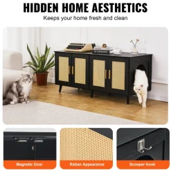VEVOR Cat Litter Box Enclosure for 2 Cats, Litter Box Furniture Hidden with Rattan Decorated Doors, Wooden Cat Box Cabinet Fit Most of Litter Box, 47.2