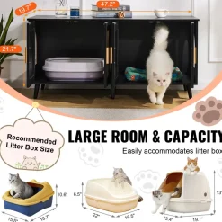 VEVOR Cat Litter Box Enclosure for 2 Cats, Litter Box Furniture Hidden with Rattan Decorated Doors, Wooden Cat Box Cabinet Fit Most of Litter Box, 47.2