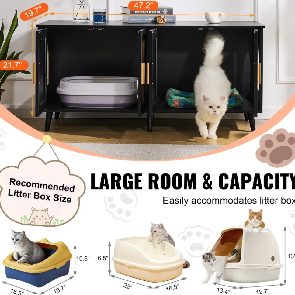 VEVOR Cat Litter Box Enclosure for 2 Cats, Litter Box Furniture Hidden with Rattan Decorated Doors, Wooden Cat Box Cabinet Fit Most of Litter Box, 47.2"L x 19.7"W x 21.7"H, Black