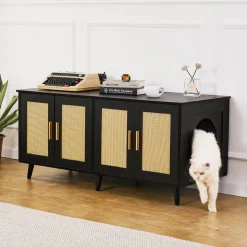 VEVOR Cat Litter Box Enclosure for 2 Cats, Litter Box Furniture Hidden with Rattan Decorated Doors, Wooden Cat Box Cabinet Fit Most of Litter Box, 47.2